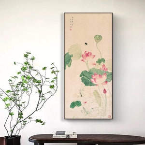 Noble lotus art, vertical narrow graceful pink lotus giclee art print, minimal style East Asian lotus painting replica, Chinese wall décor