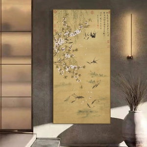 Chinese Carp, swallows, peach blossoms, willow leaves, spring Chinese garden brush painting, East Asian botanic art giclee print, 惲壽平 燕喜魚樂圖