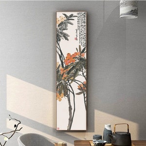 Freehand loquats painting, shuimo loquat brush painting, vertical narrow wall hanging, handcrafted silk hanging scroll, giclee art print