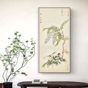 Wisteria and Peony blossoms, vertical vibrant Chinese silk hanging scroll, Chinese Gongbi botanic painting, giclee art print  鄒一桂 藤花芍药