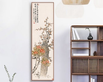 Wintersweet and Camellia, Chinese traditional brush painting, vertical narrow giclee silk print, handcrafted flower art silk hanging scroll