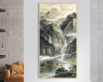 Large vertical Chinese landscape painting, Shan shui art giclee print, Spring green mountains and streams, Feng shui landscape wall décor
