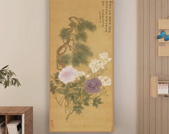 Vintage retro peony and magnolia blossoms painting on silk, graceful ancient Chinese botanic art replica, silk hanging scroll, giclee print