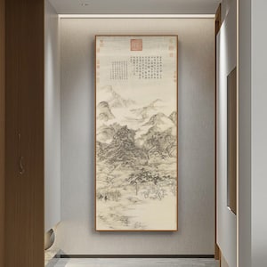 Peach blossom village nestled among the mountains, Ink brush painting, giclee art print, beige color vintage retro misty Shan shui painting
