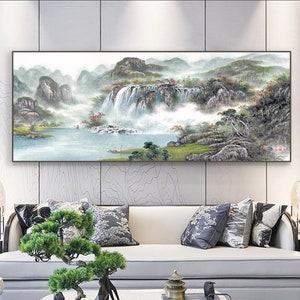 Vast Territory, Wealth-Attracting Feng Shui landscape Painting, mountains and rivers, waterfalls and lake, large Chinese art archival print
