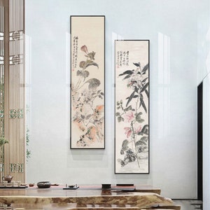 Classic long slender vertical Chinese style botanic painting, long vertical narrow flowers brush painting, Set of 4/Set of 2, giclee print