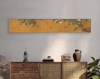East Asian minimal botanic wall art, extra wide and narrow pea flowers and insects replica, long horizontal Chinese antique art giclee print