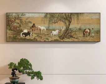 Horse herding, by Giuseppe Castiglione, horizontal narrow horse painting, antique Chinese horses painting replica, Giclee silk print 郎世寧 牧馬圖