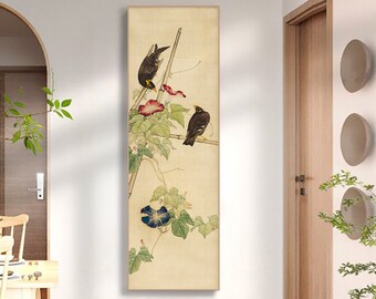 Morning glory and Chinese hwamei birds, Chinese meticulous brush painting, Liu Kuiling/劉奎齡, handcrafted silk hanging scroll, vertical narrow