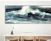 Sea waves by Wang Jiliang, Oceanic painting print, Large size ink brush painting print on Handmade Chinese Art Paper with silk mounting