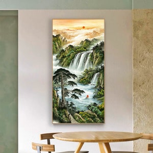 Chinese classic Treasure Basin Feng Shui Painting, Flowing Water Brings Wealth, large vertical Fengshui landscape painting, giclee art print