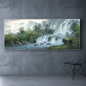 Wide waterfalls and misty mountains art, Asian artist contemporary painting, giclee print, large horizontal natural scenery art, unframed