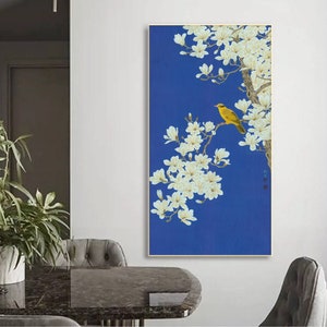 Retro royal style magnolia and bird meticulous painting fine art print, vertical Chinese botanic art, blue and cream yellow Gong bi magnolia