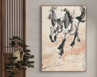 走る馬の水墨画：大きな白黒の風水壁アート - Etsy 日本