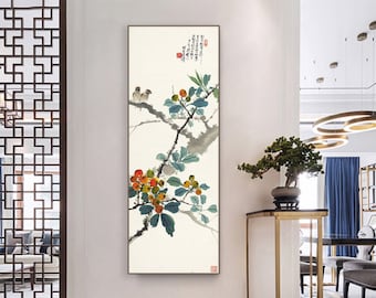 Bird and flower art, Chinese botanical painting fine art print, handcrafted traditional hanging scroll, loquat and bird art giclee print