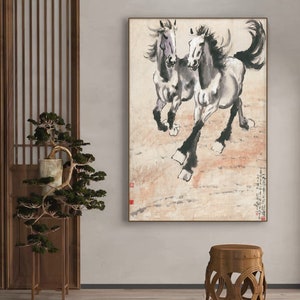 Double galloping horses painting, Xu Beihong, extra large archival print, Chinese ink and brush horse painting, limited edition giclee print