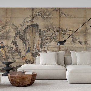 Amidst mountains and rivers, Japanese literati painting screen art, giclee fine art print, wide removable peel and stick wallpaper, 狩野松荣
