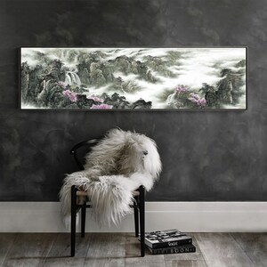 Peach blossoms valley, Shan shui art giclee print, long narrow horizontal Chinese misty mountains and clouds landscape, unframed