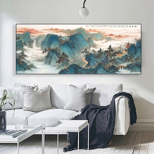 Chinese mountains and waters painting, giclee art print, extra large Horizontal Shan shui painting, living room Feng shui wall art décor WG