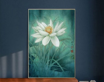 White Jade lotus blossom fine-brush painting, Chinese botanic fine art print, 玉蓮麗影, 50x70 cm, Meticulous painting, Lotus flower painting