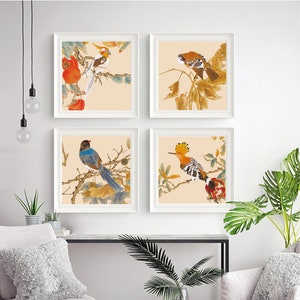 Chinese pastoral style flowers and birds, Chinese Meticulous Painting silk print, 50x50 cm, multiple  square combination wall art, unframed