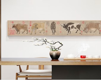 Extra long horizontal Five Oxen, Han Huang, Tang Dynasty, 五牛圖 唐代 韩滉, Chinese brush painting art print, Feng shui painting, office wall deco