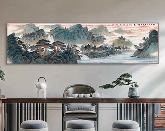 Extra large Long horizontal wall art, Chinese traditional landscape painting, Canvas print, giclee art, mountains and rivers painting WG