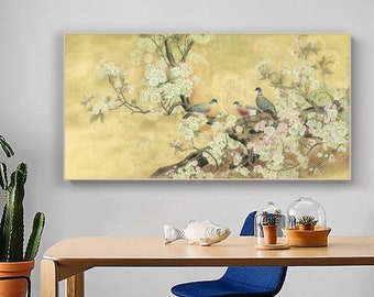 Three little birds surrounded by sea crabapple blossoms, warm yellow traditional floral, Chinese auspicious painting, large horizontal