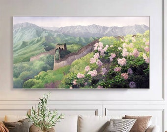 Thousands miles of Great Wall, China landmark watercolor painting replica, Extra Large Horizontal Lilac flower mountains art wall décor, YW