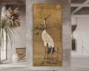 Chinese antique Red-crowned crane painting replica, East Asian meticulous crane art print, 米芾, 11th century, handcrafted silk hanging scroll