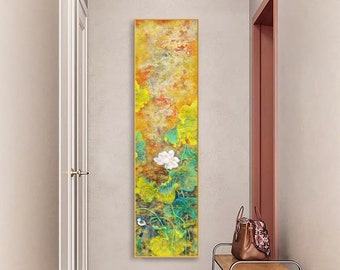 May include: A vertical painting with a yellow, orange, and green color scheme. The painting features a white lotus flower with green leaves and a small bird.