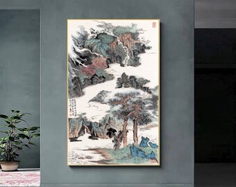 Chinese ink wash painting replica, mountains and waters brush painting, large vertical Chinese landscape wall art, abstract blue wall art YS