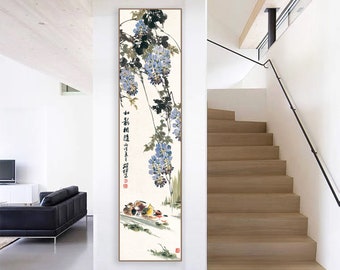Mandarin ducks and wisteria blossoms brush painting, Chinese bird and flower fine art print, Long Narrow Vertical botanical wall art decor