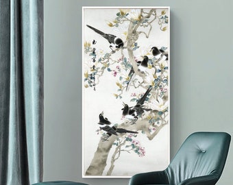 Melodious Magpie's Chirping, Fragrance of Magnolia Blossoms, Elegant Fresh Spring Flower and Bird Painting, Large Vertical botanic art print