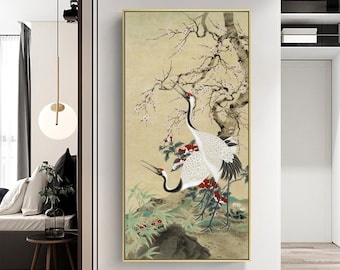 Pink plum blossoms and red crowned cranes, Chinese meticulous painting, fine art print, Asian retro style bird-and-flower painting, unframed