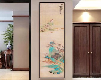 Chinese landscape painting replica, 峒关蒲雪, 1946, handcrafted silk mounting hanging scroll, Zhang Daqian, vertical narrow art wall décor, DQSH