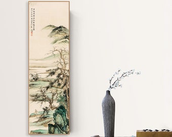 Long vertical narrow Shan shui art scroll hanging, East Asian landscape painting, handmade Xuan paper art print, entry wall art 幽人久孤  陳少梅