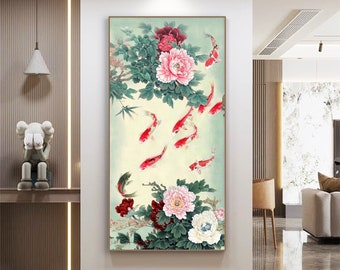 Peony and koi fish, Chinese Traditional Gongbi Painting, Nine Fish Prosperity and Wealth art, large vertical auspicious koi art giclee print