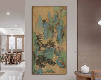 Chinese antique landscape painting, silk print replica, Clouds shroud Green mountains and pavilions, handcrafted hanging scroll, 吕焕成 春山听阮