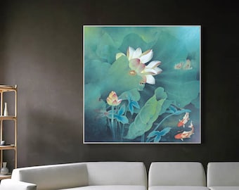 Cooling tones lotus painting, large square Chinese botanic art print, lotus pond Gong bi painting, Chinese meticulous painting, art replica