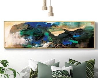 Extra long narrow horizontal abstract ink wash painting, Achensee Lake, Zhang Daqian, Shan Shui painting, masterpiece canvas print, DQSH