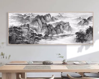 Chinese landscape painting, ink wash painting, mountain and waters painting, large horizontal black and white art, Xuan paper archival print