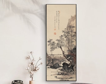 Returning home at Twilight, Chinese antique brush painting, Silk painting replica, fine art print, minimal East Asian hanging scroll 傅儒 暮煙歸來