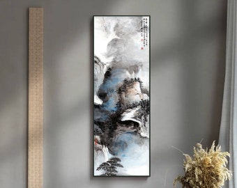 Ink wash painting, brush painting, East Asian minimal abstract painting, art replica, vertical narrow wall art, Chinese Shuimo painting