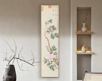 Chinese peony painting, refined watercolor botanical art, vertical narrow oriental style tall narrow silk hanging scroll, unframed art print