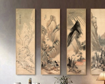 Set of 4, long narrow vertical Chinese antique landscape art, Shan shui giclee print silk hanging scroll, Chinese brush painting replica