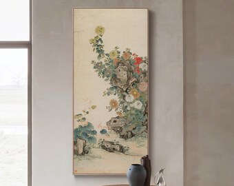 Chinese chrysanthemum brush painting, ancient botanic painting, Auspicious flower Painting, Qing Dynasty, Chinese antique art hanging scroll
