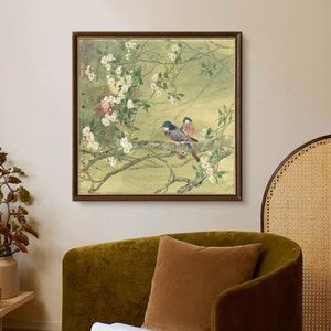 Spring wind gently whispers, birds amidst the blossoming sea of crabapple flowers, Chinse bird-and-flower painting, archival print