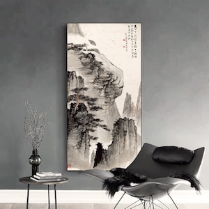 Minimal black and white mountain art, Gray hues pine tree high mountain decoration painting replica, Zhang Daqian's Shan shui art, DQSH