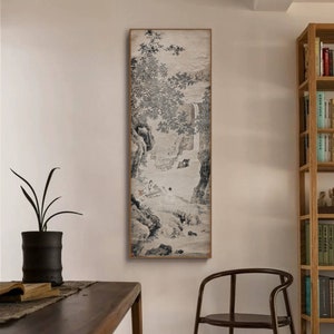Playing Music in Nature, by Qiu Ying, Chinese Ming dynasty antique landscape painting, art replica, giclee print, vertical narrow 仇英 停琴聽阮圖
